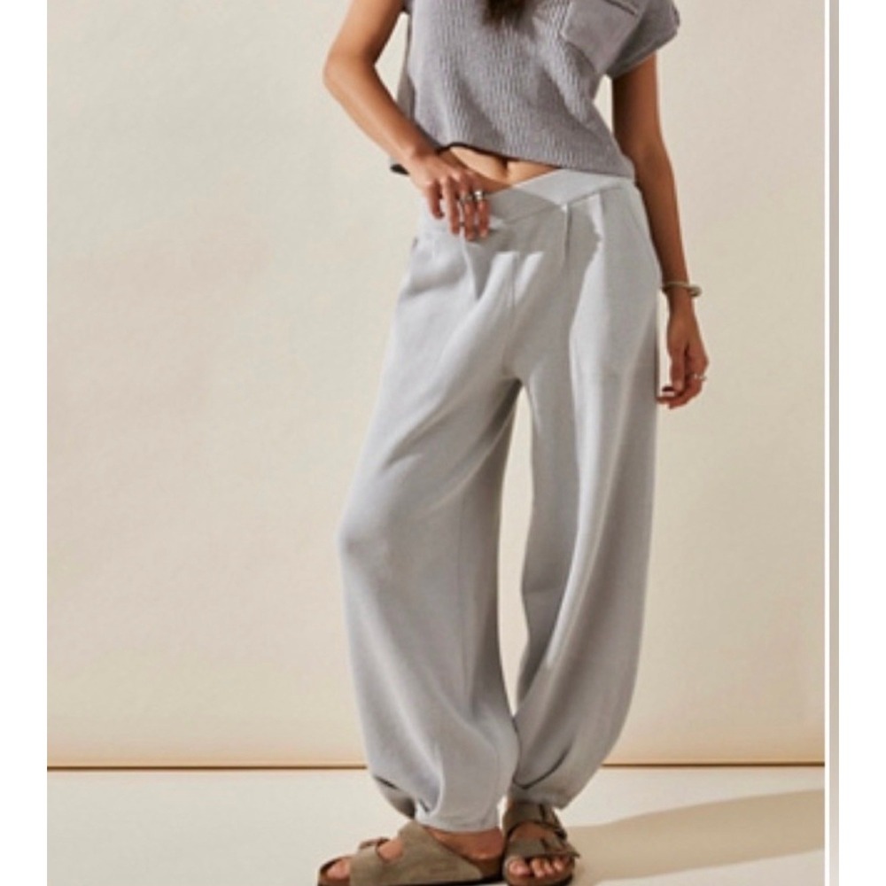 Free People FP Beach Freya Beach Pant Grey Knit Linen Blend Tulip Hem Small